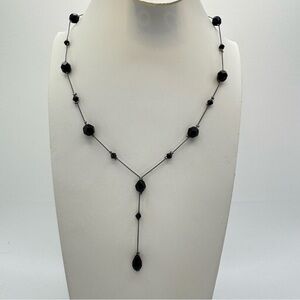 Vintage Black Glass Beaded Y Necklace Gothic Rosary Style Drop Pendant